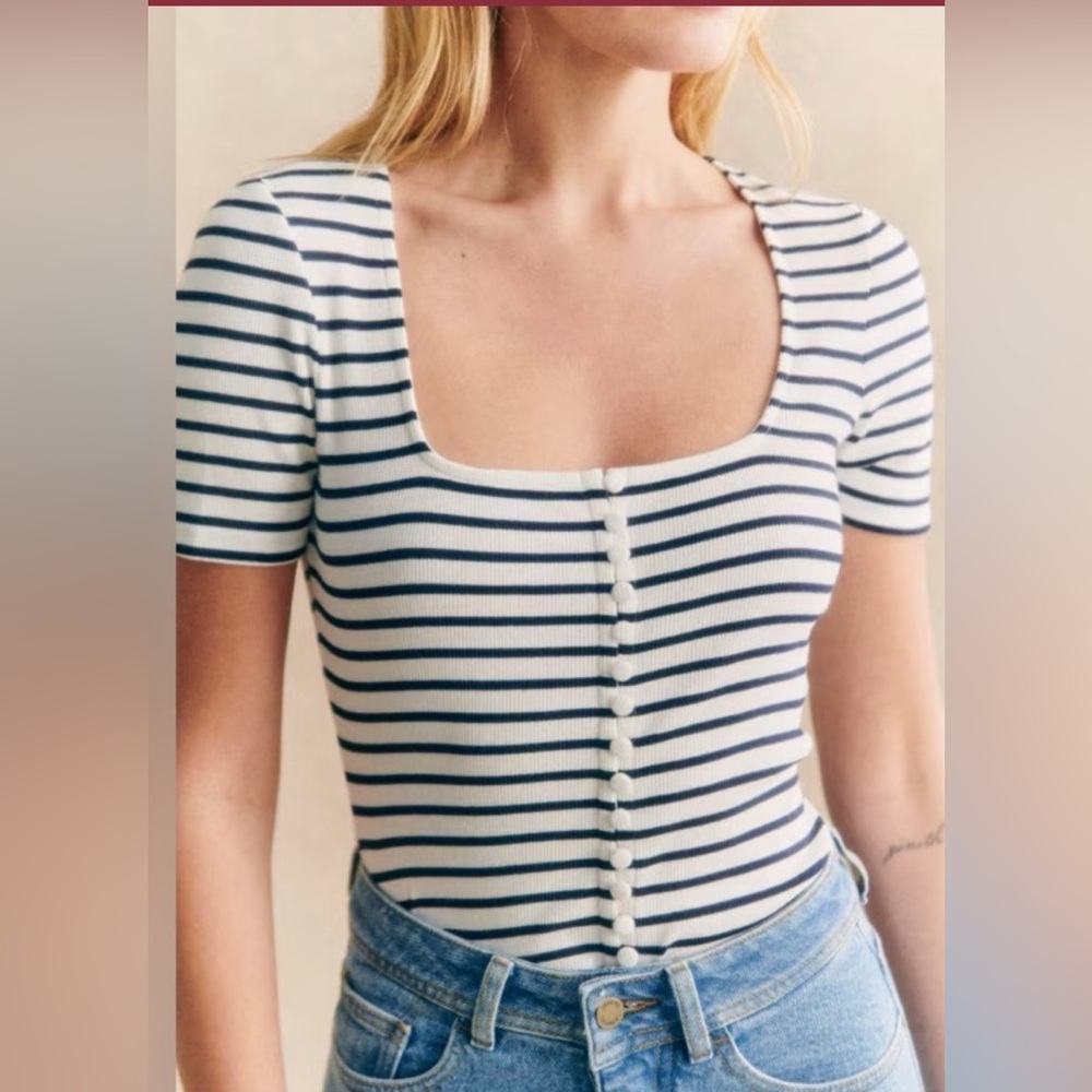 Sezane Striped Navy and White Button-Up Top